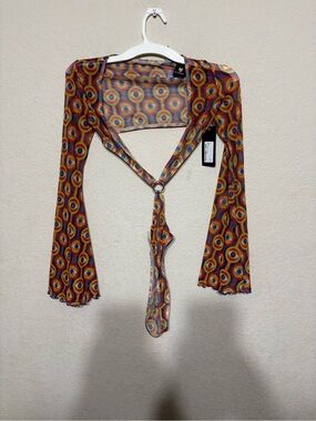 Badinka Rave Wonderland Voodoo Sheer Tie-Front Blouse in Multi-Color Retro Print